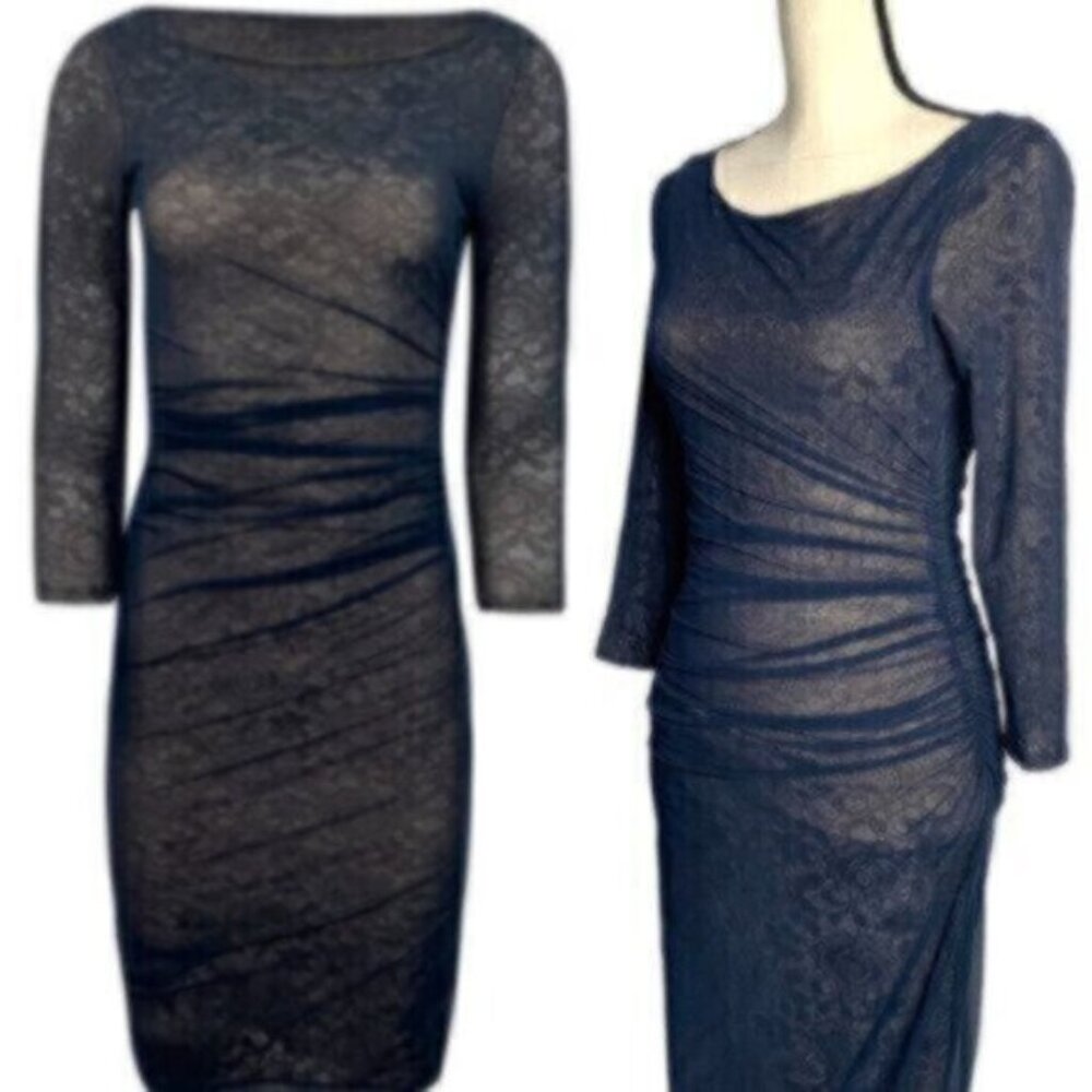 Reiss Dark Blue Lace Sheer Underlay Ruched Bodycon Midi Dress - Picture 3 of 13